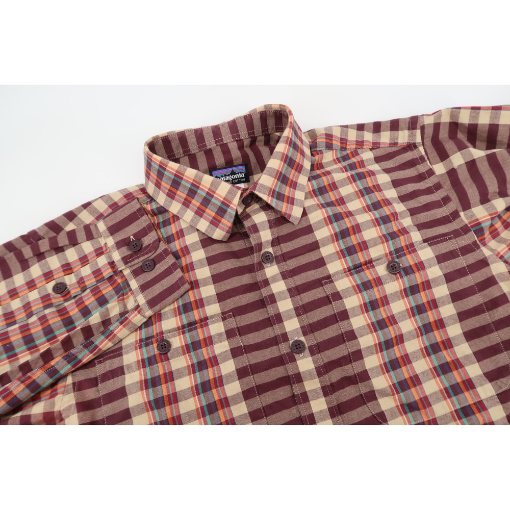 Patagonia Button Front Shirt Mens Small Maroon Plaid Organic Cotton Long Sleeve
